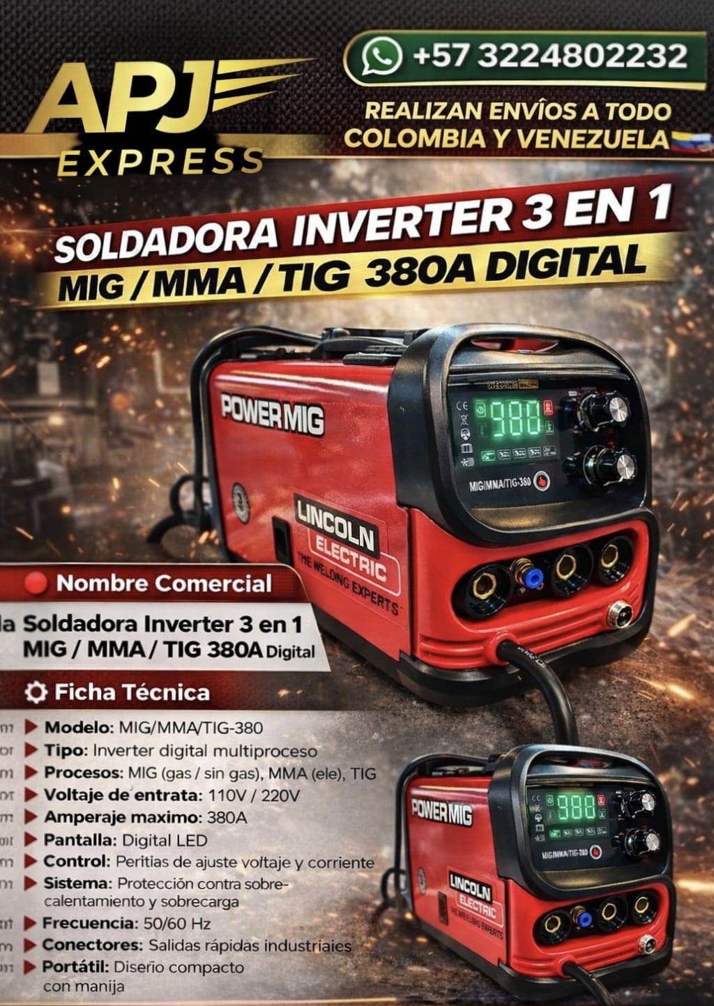 SOLDADORA INVERTER 3 EN 1 🔥 MIG / MMA / TIG 380AMP DIGITAL