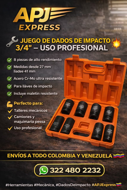 Juego de Dados de Impacto 3/4” – 8 Piezas – Industrial – TOP HELPER