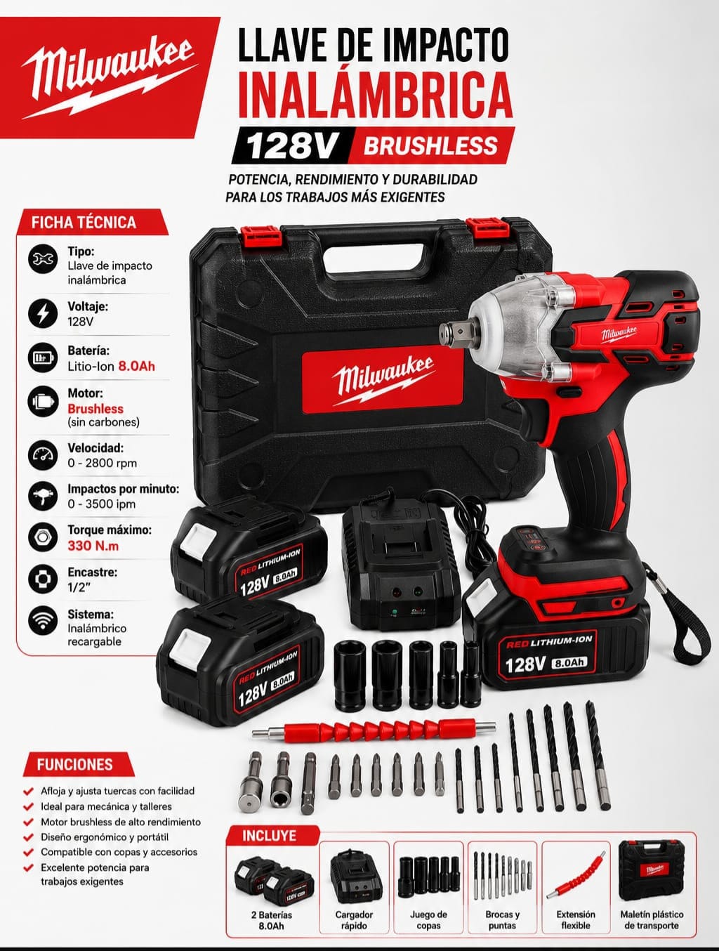 Pistola De Impacto +mandril Inalámbrica 330 Nm 1/2 Milwauke