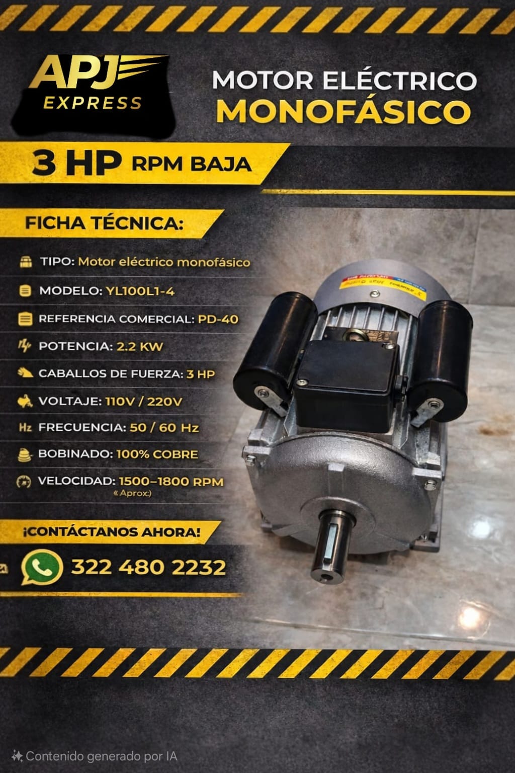 MOTORES INDUCCIÓN ELÉCTRICOS MONOFÁSICO 3 HP BAJA 100 % COBRE