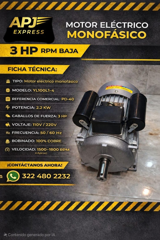 MOTORES INDUCCIÓN ELÉCTRICOS MONOFÁSICO 3 HP BAJA 100 % COBRE